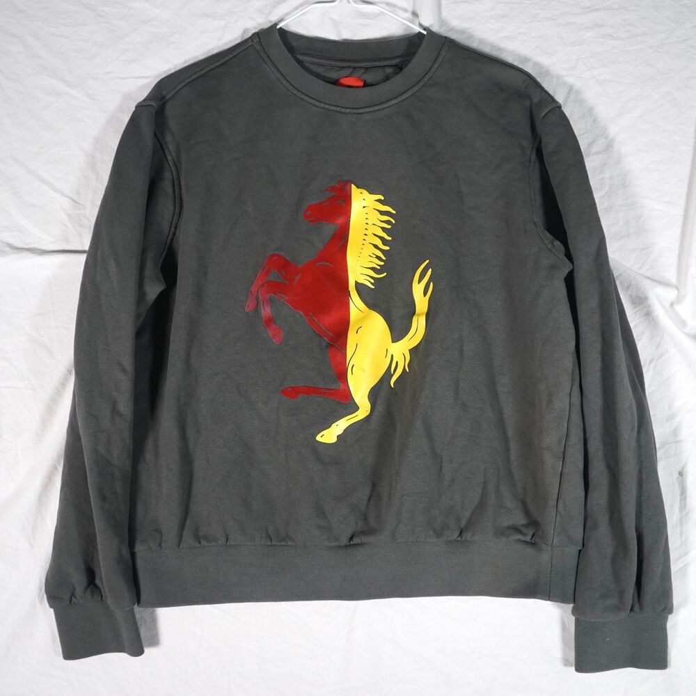 Ferrari Logo Crewneck Sweatshirt Gray Split Logo Red Yellow Men's Small RARE